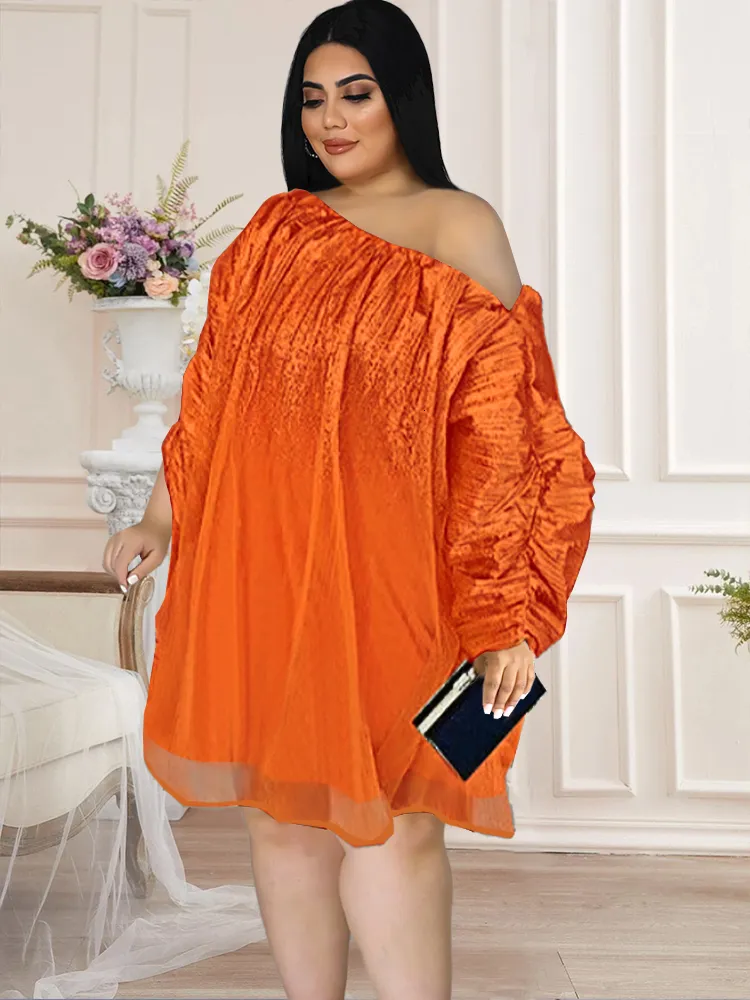 Robes décontractées de base orange lâches Femmes au large de l'épaule Voir à travers les robes surdimensionnées à manches pour les tenues de fête pour femmes avec une doublure 230811