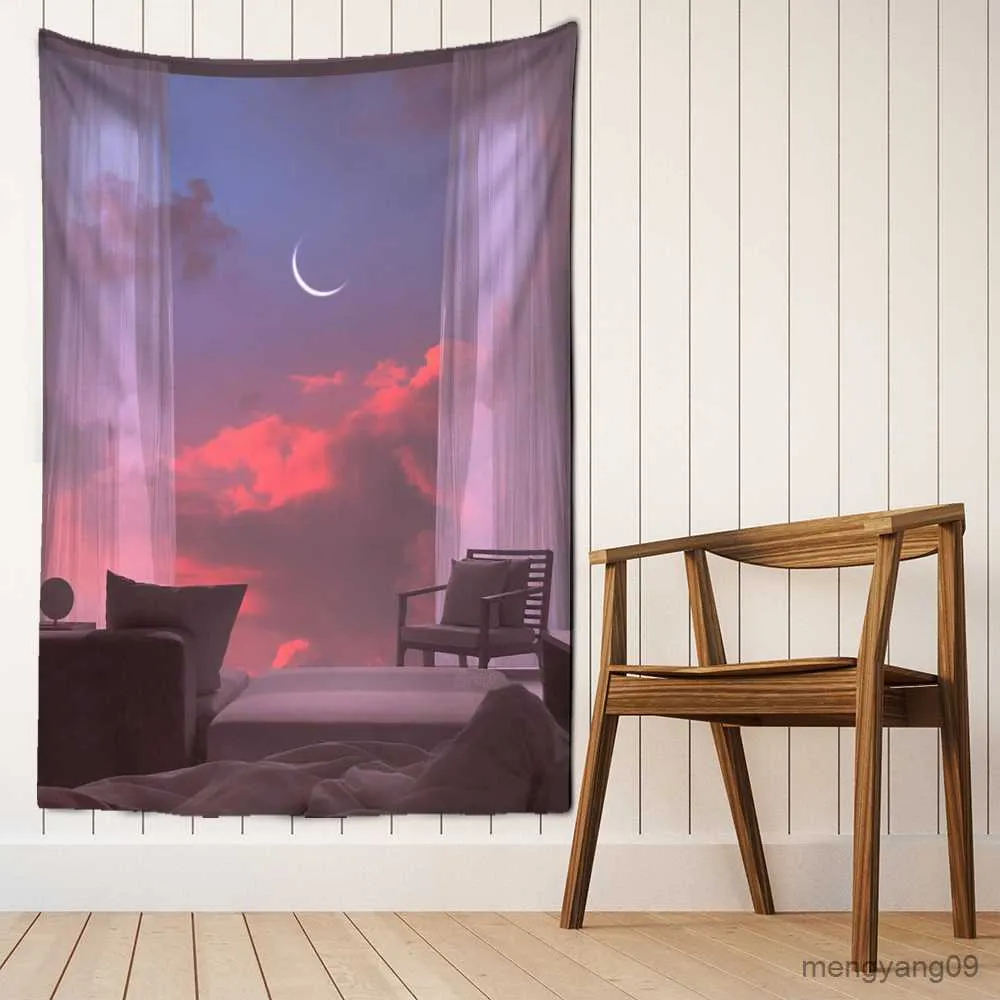 Tapestries Sunset Window Scenery Tapestry Wall Hanging Modern Landscape Art Dormitory Living Room Home Decor R230812