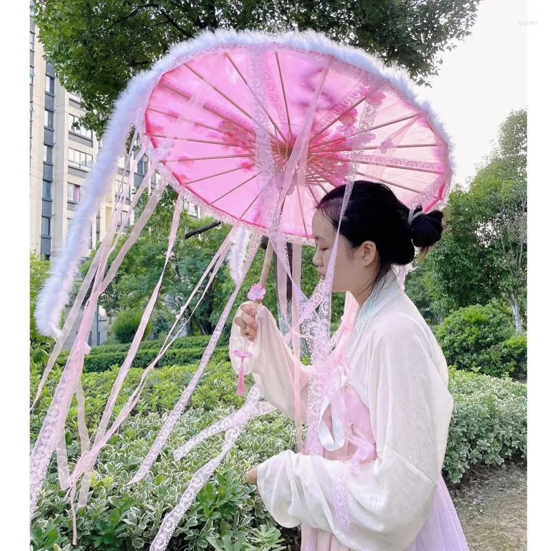 Paraplyer rosa cosplay spetsar oljepappersstil paraply kvinnlig antik hantverk dans hanfu kinesisk siden tyg parasol