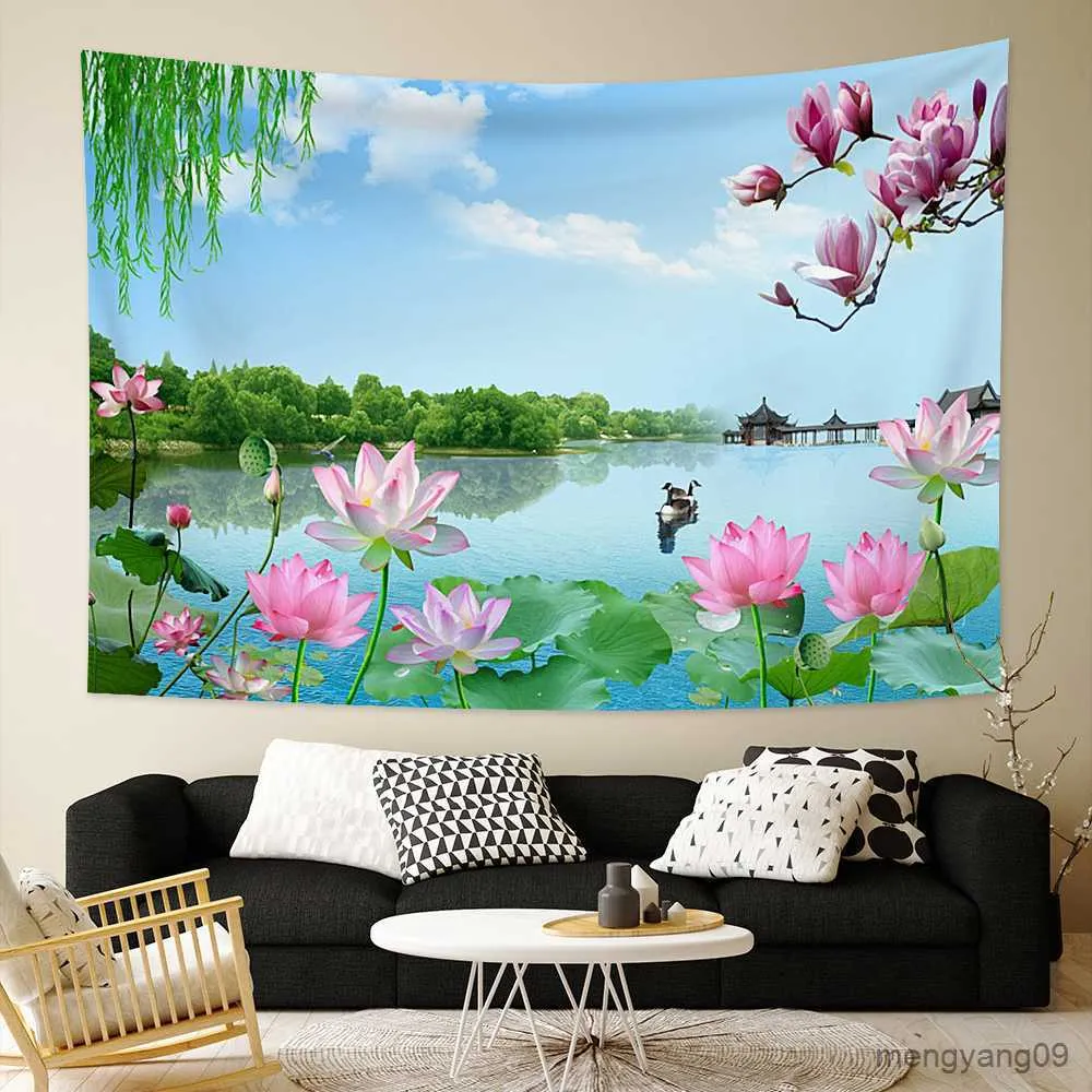 Tapestries Green Garden Poster Outdoor Real time Scene Plant Tapestry Lake Waterfall Natural Scenery Aesthetics Home Decoration R230812