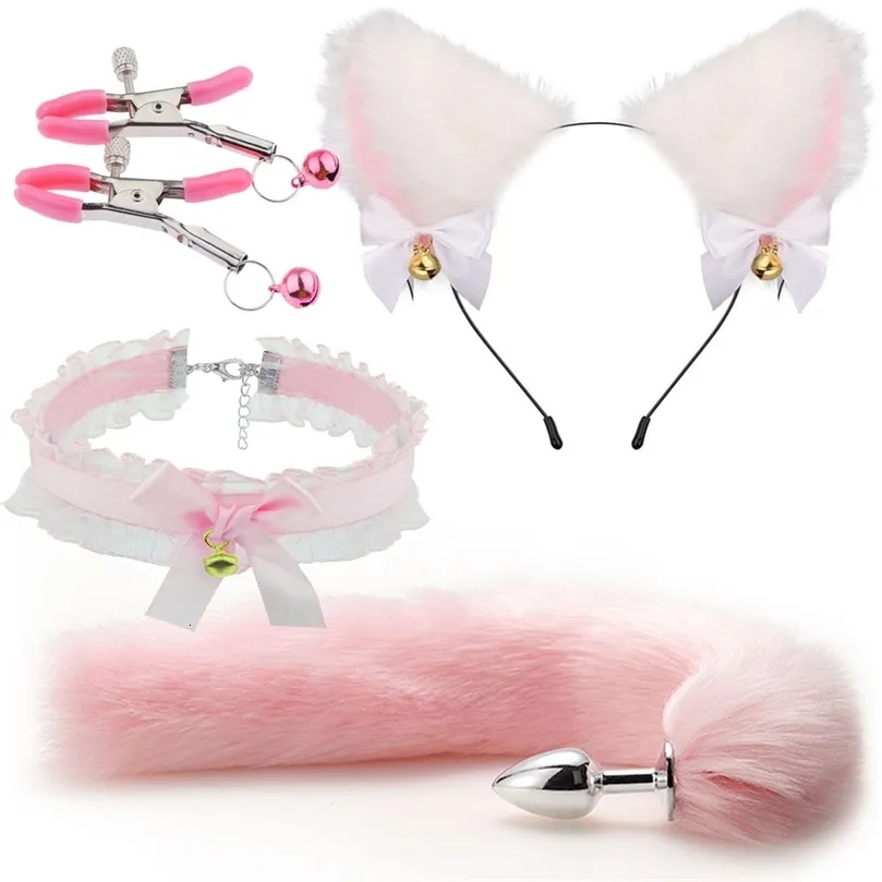 Anal Toys Sex Plug tail Bow Metal Butt Cute BowKnot Soft Cat Ears Headbands Erotic Cosplay Couples Accessories 230811