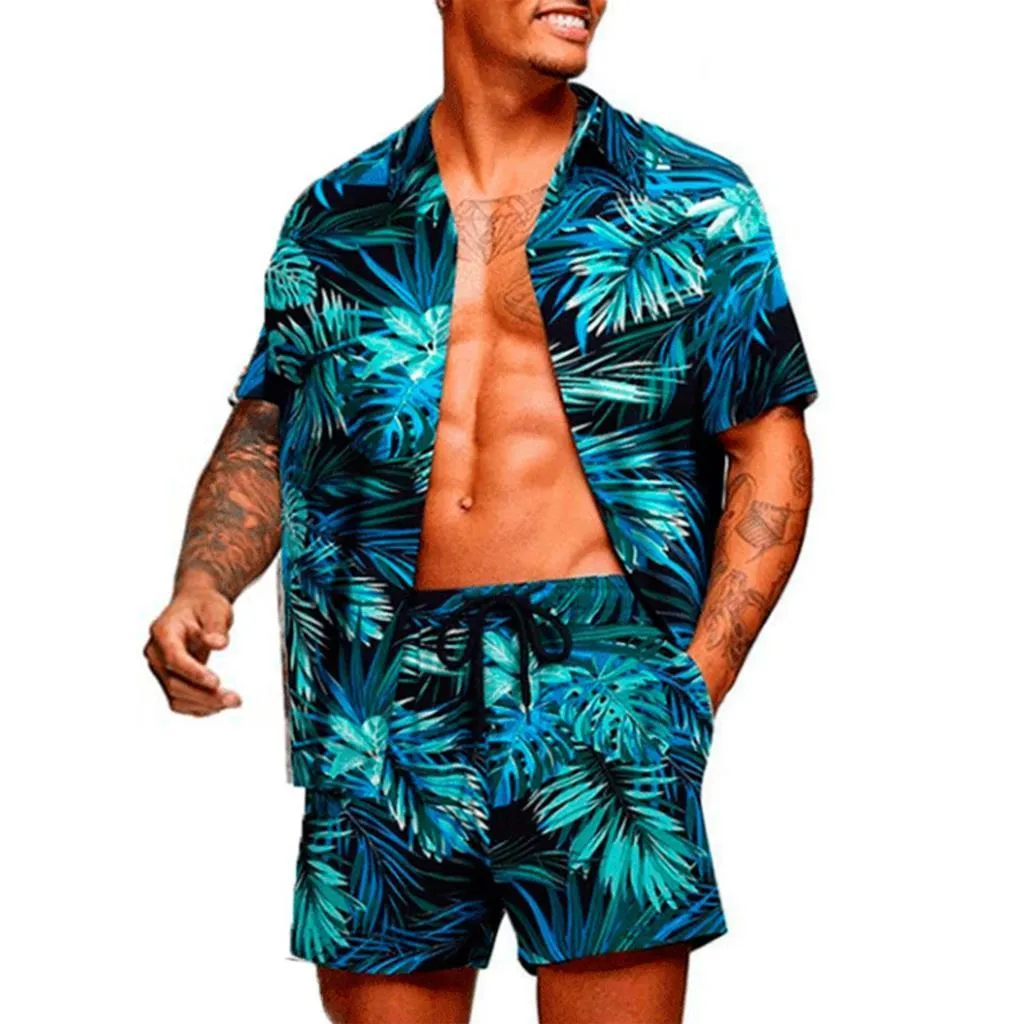 Men's Tracksuits Tropic Plants Flower 2pcs Camisetas servem homens Moda Shirtsshorts Duas peças Conjuntos de camisas da praia Hawaii