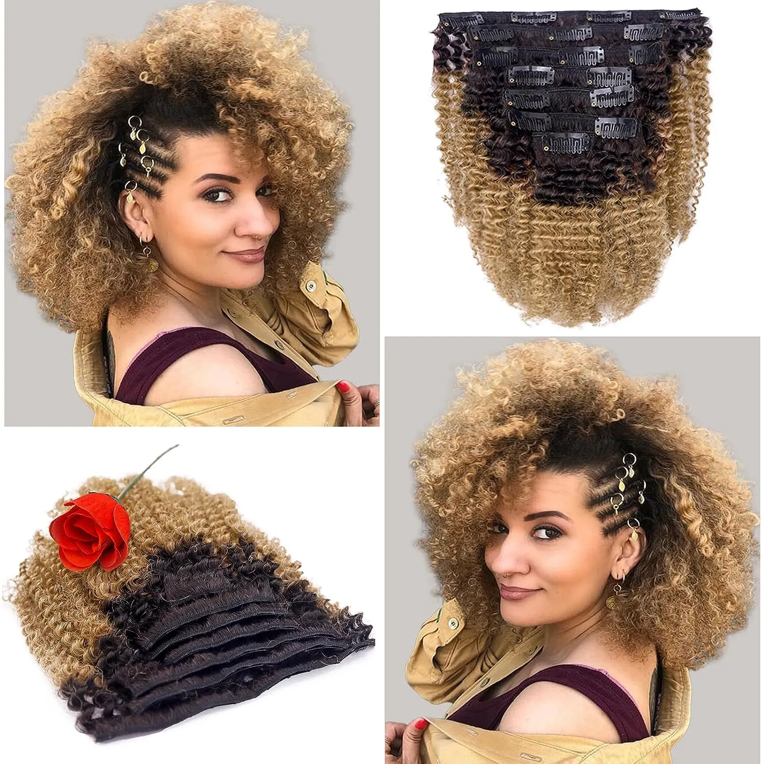 Women Curly Blonde Afro Kinkys Curly Clip-In Hair Extensions 