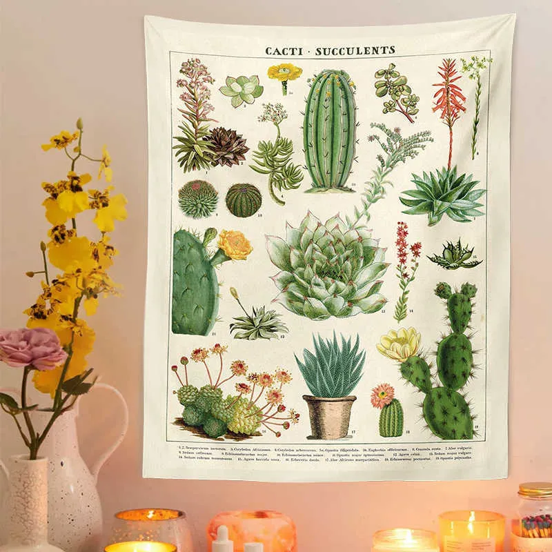 Tapissries Cactus Tapestry Wall Hanging Retro Cacti Succulents Desert Plant Chart Hippie Home Decor