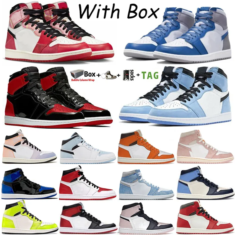 2023 med Box Jumpman 1 Herr Basketballskor Hög OG 1S Spider-Verse Washed Pink True Blue Starfish Bred Patent University Blue Men Women Sneakers Trainers Storlek 36-46