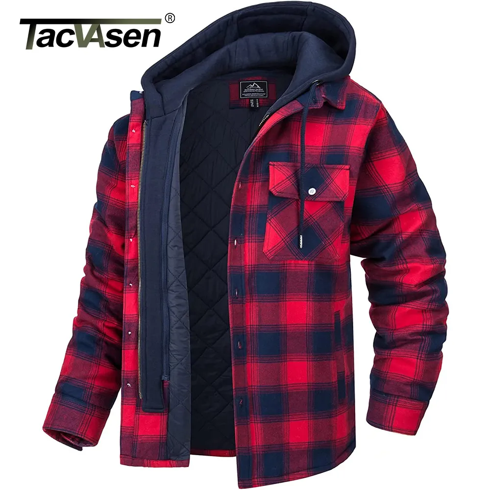 Men's Dress Shirts TACVASEN Men's Flannel Shirt Jacket with Removable Hood Plaid Quilted Lined Winter Coats Thick Hoodie Outwear Man Fleece Shirts 230811