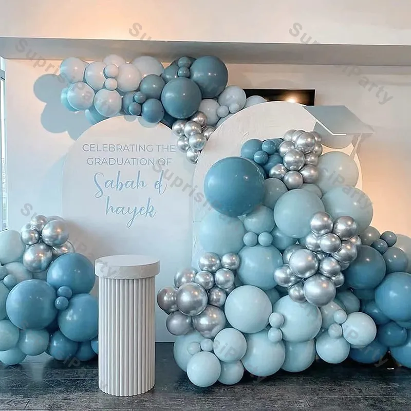 Dusty Blue & Metallic Silver Balloon Garland Kit For Baby Showers