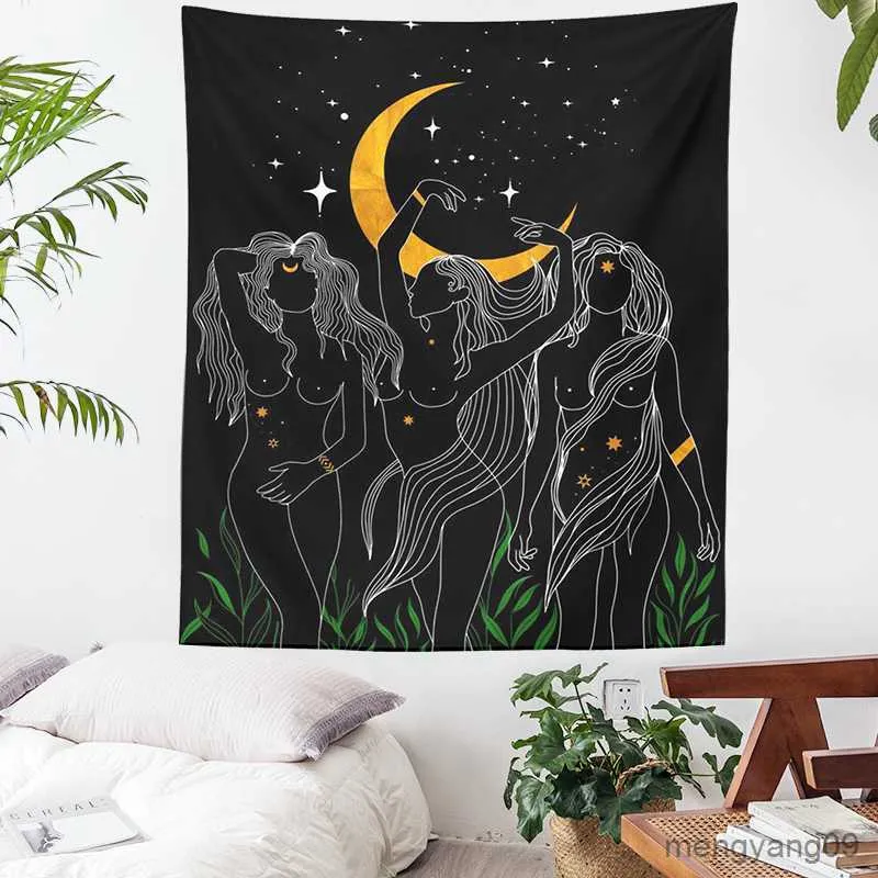 Tapestries Moon Girl Tapestry Wall Hanging Woman Art Tapestries Moon Fase Black Decoratie Home Hippie Girls Dorm Room Decor R230812