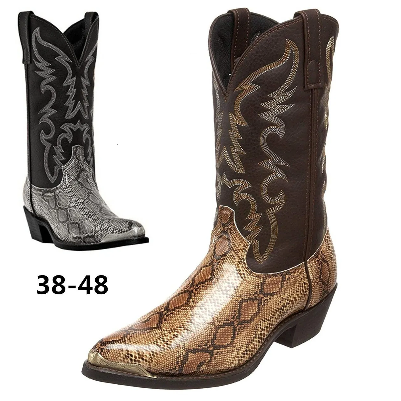 Boots Snake Pattern Cowboy Boots Men Handmade Mid-calf Mens Boots Retro Pointed-top Western Boots Plus Size 38-48 Unisex Shoes Botas 230811