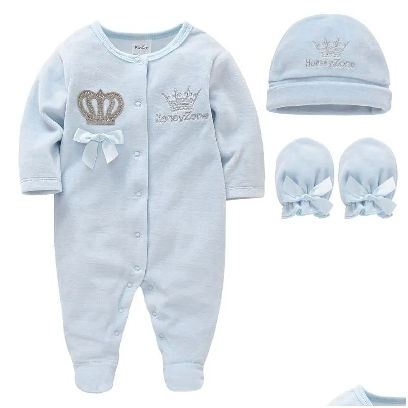 Set di abbigliamento per bambini Rompers Royal Crown Prince con guanti per neonati nati a pezzi pajamas velor 210309 drop dhec7