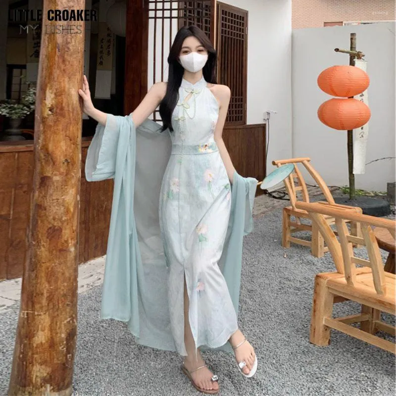 Ethnic Clothing National Style Chinese Improved Qipao Slim Fit Wrap Hip Hanging Neck Dress Super Immortal Two Piece Set Summer