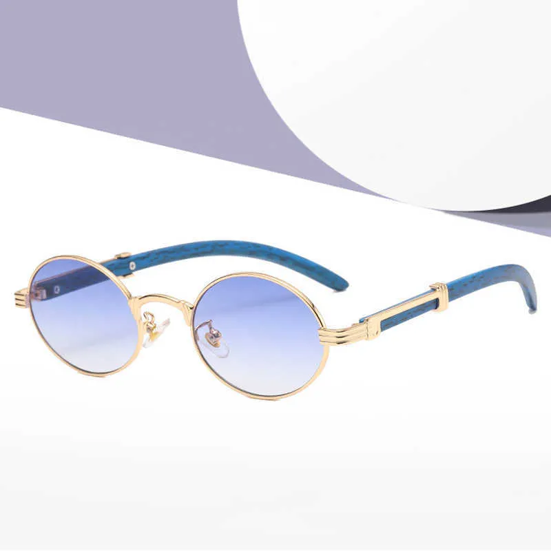 Retro Style Metal Solglasögon Kvinnor Runda Male Gold Steampunk Small Frame Oval Glasögon för män Brown Blue Wood Mönster UV400