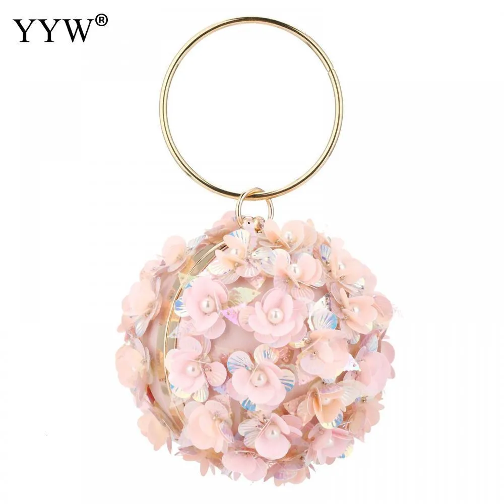 Evening Bags Sequins Floral Evening Bags Womens Designer Big Ring Round Handbags Shoulder Messenger Bags Pink Flower Luxury Purse Wallet 230811