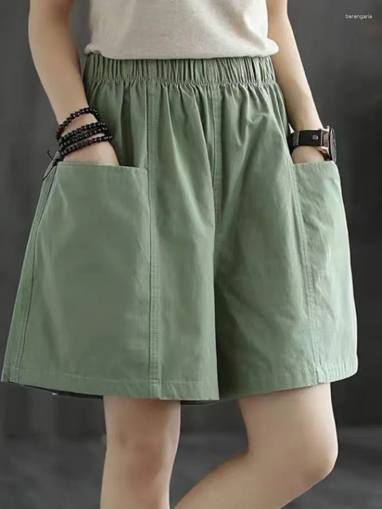Kvinnors shorts sommar med fickor avslappnad wlde ben byxor överdimensionerade solida hög midja