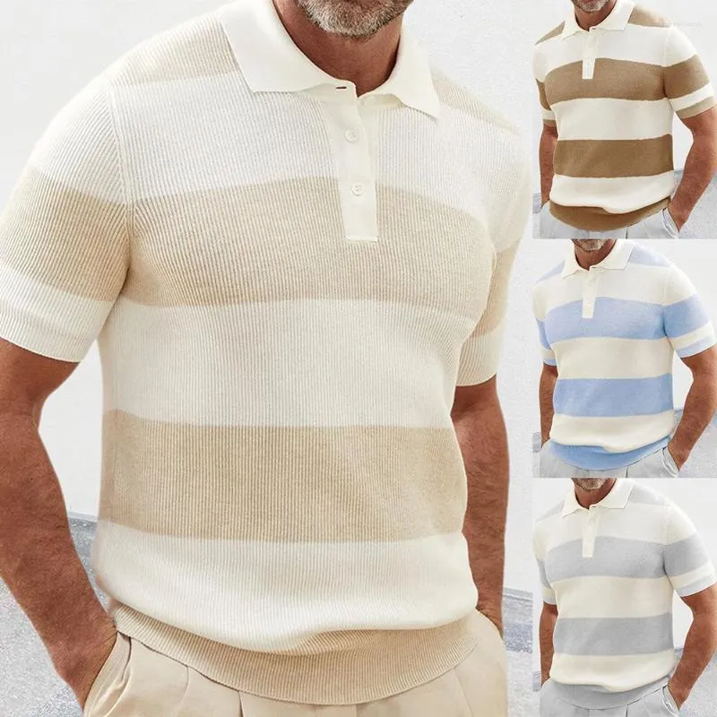 Herrpolos randig kontrastfärg stickad polo skjorta sommar affärsmode elegant smal lapel casual kortärmad toppkläder