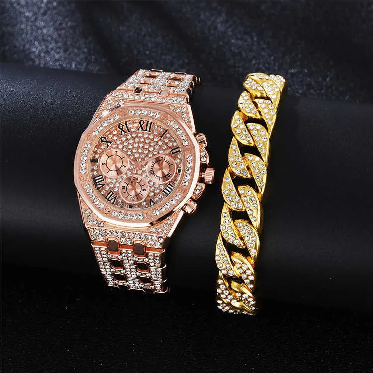 Mode vergulde vrouwen kijkt sieraden set klassiek Rome luxe polshorloge volledige diamantkwarts mannen set horloge en armband