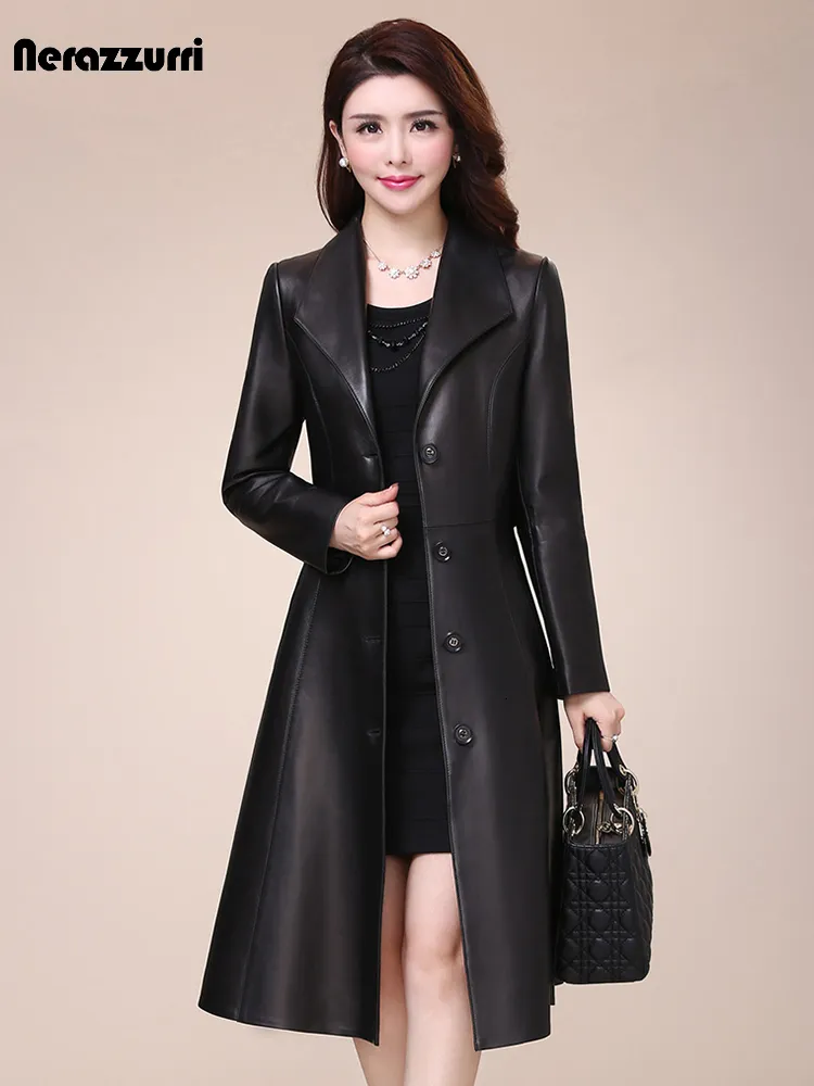 Women's Jackets Nerazzurri Spring autumn long black soft faux leather coat women sleeve buttons slim fit Elegant jacket 230812