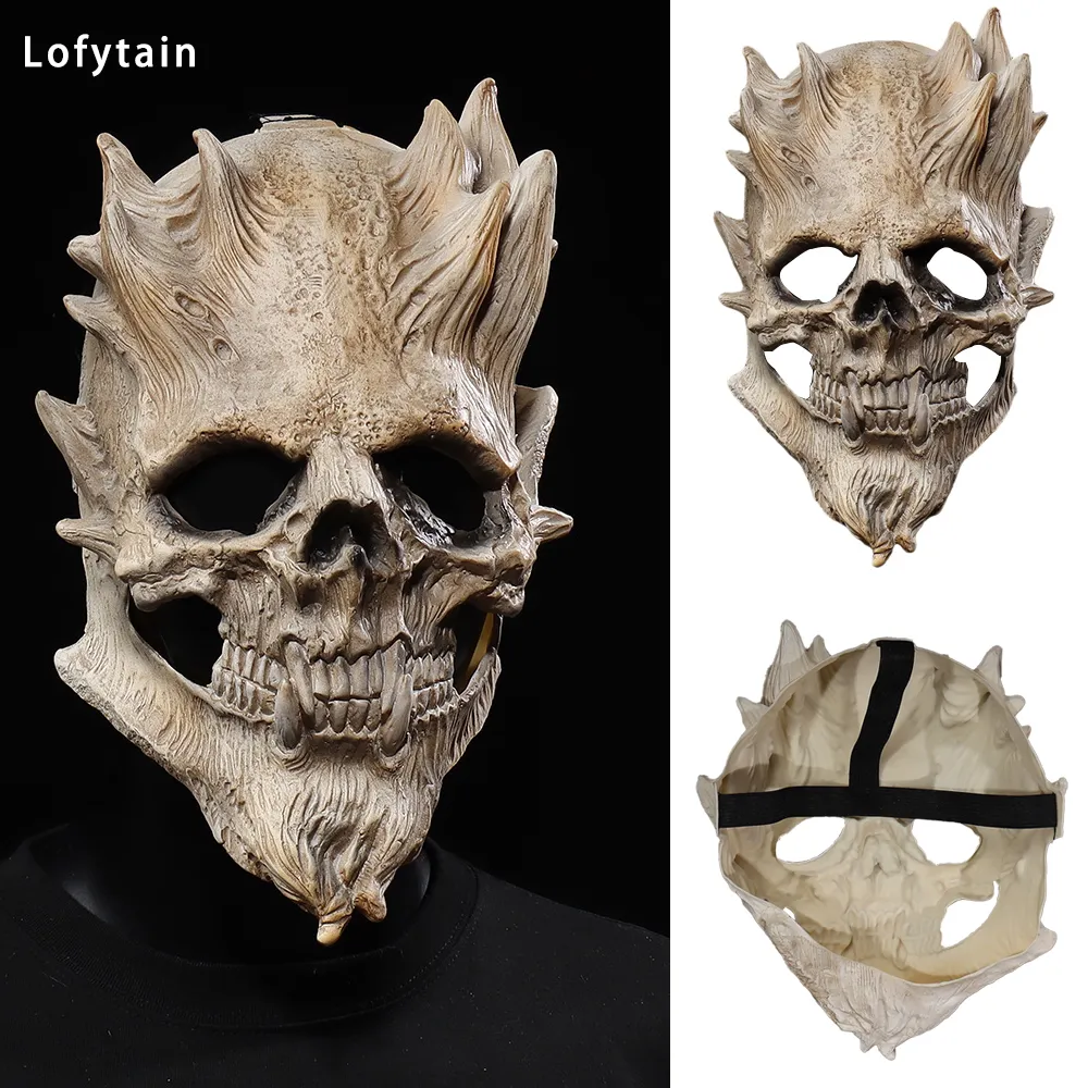 Feestmaskers lofytain Death Skull Mask Horror Halloween Cosplay Skelet Warrior Soldier Evil Demon Half Face latex helm voor feestcarnaval 230811