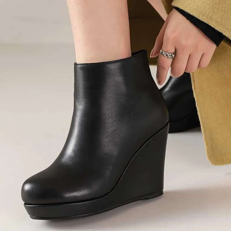 Womens Genuine Leather Wedge Ankle Boots Fashionable Platform