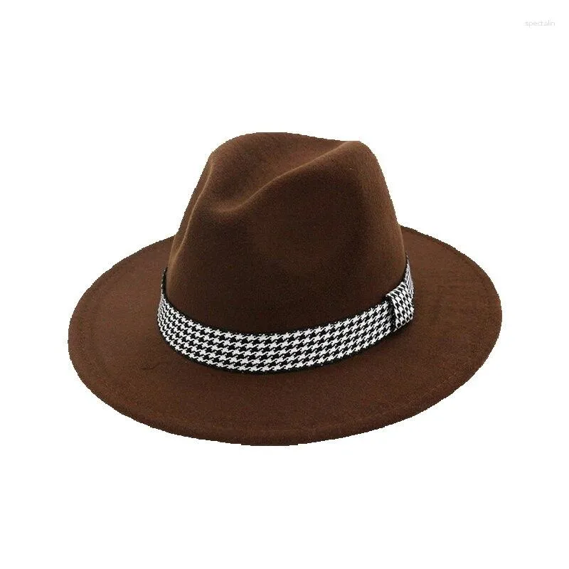 Berets Flat Brim Women Men Wool Felt Fedoras Hat With Ribbon Band Retro Wide Jazz Trilby Formal Party Cap Panama