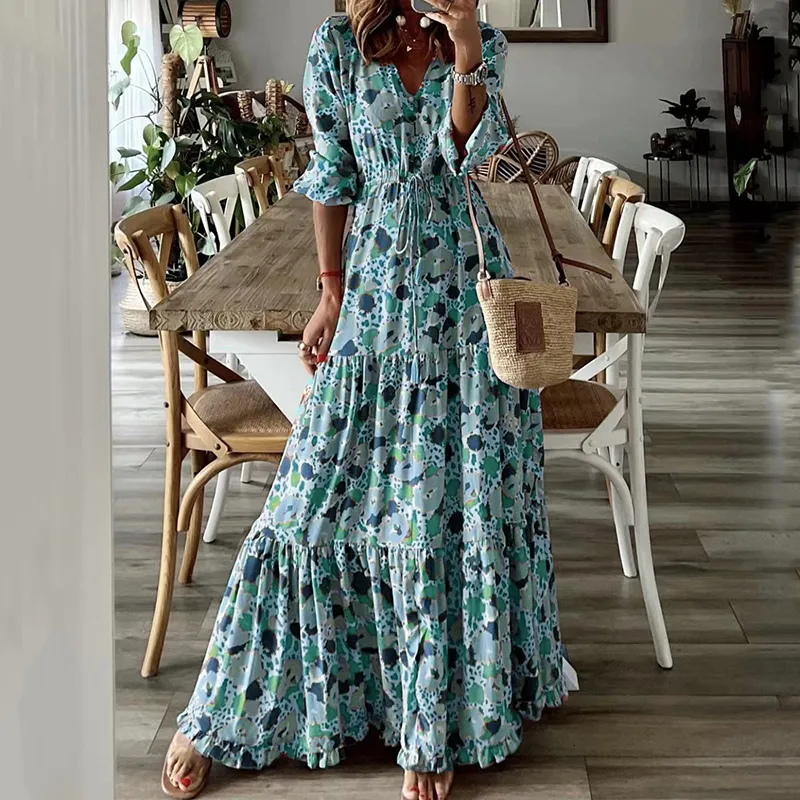 Basic Casual Dresses Women Floral Print Long Dress Summer Casual V-Neck Half Sleeve Loose Big Swing Dress Female Vintage Bohemian Beach Maxi Dresses 230812