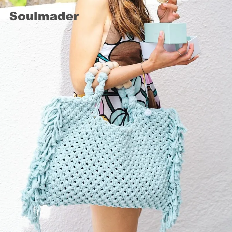 Abendtaschen Makrame -Tasche Großhandel Frauen Häkeln Boho Chic Summer Fringe Beach Tote Tasche Elfenbein lila grün blau schwarz 230811