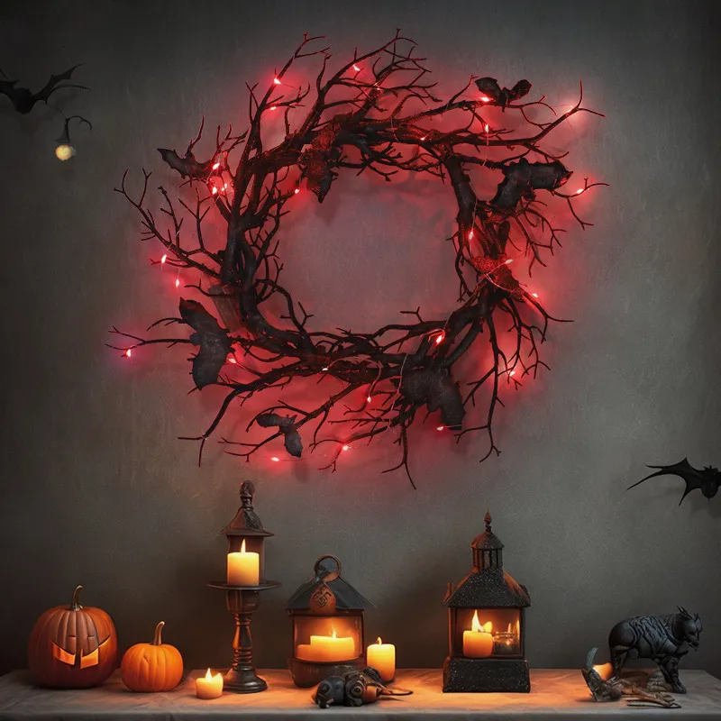 Andere evenementenfeestjes Salloween Kridebat zwarte branchs met rood LED -licht 45 cm kransen voor deuren raambloem Garland Halloween Decoratie 230812