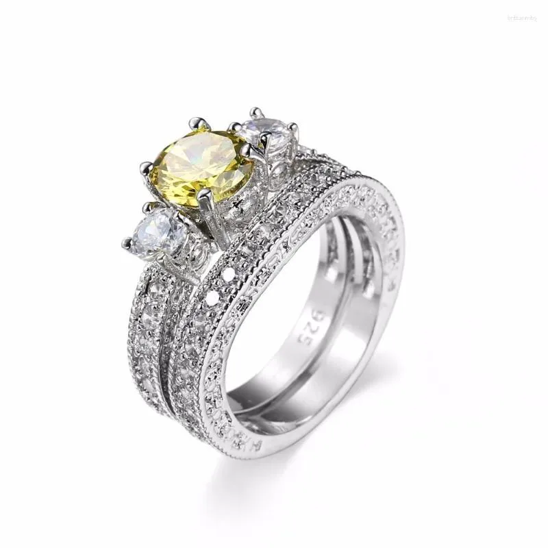 Anillos de racimo Amarillo Cz Conjunto de compromiso Diamant 925 STERLING SIERTA For Women Band Wedding Promise Joyería de novia