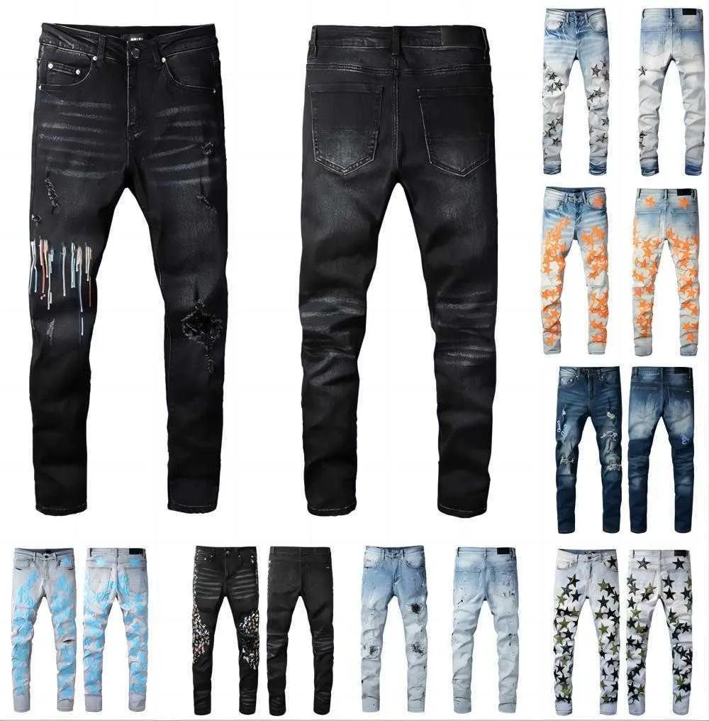 Marque Designer Mens Jeans violets Denim Amires Pantalons de broderie Trous de mode Pantalon Hip Hop Pantalon à glissière en détresse pour homme ya