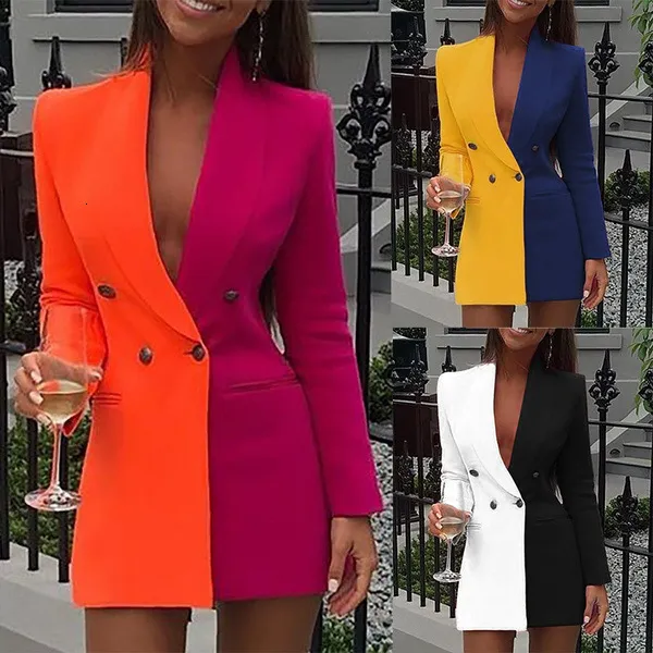 Basic Casual Dresses Women Fashion OL Patchwork Two Color Matching Double Bleased Long Sleeve Blazer Dress Female V Neck Autumn Notched Collar 230812