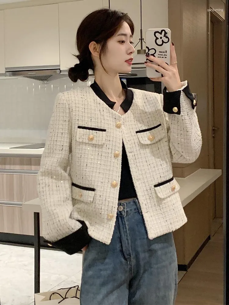 レディースジャケット春秋韓国ファッションツイードジャケット女性長袖パッチワークウールコートアウタートップ