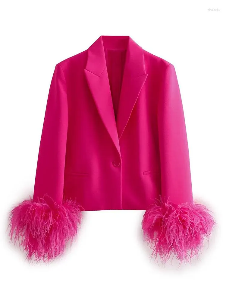 Ternos femininos jaqueta de estilo outono rosa temperamento casual de botão único decoração de penas curtas blazer top