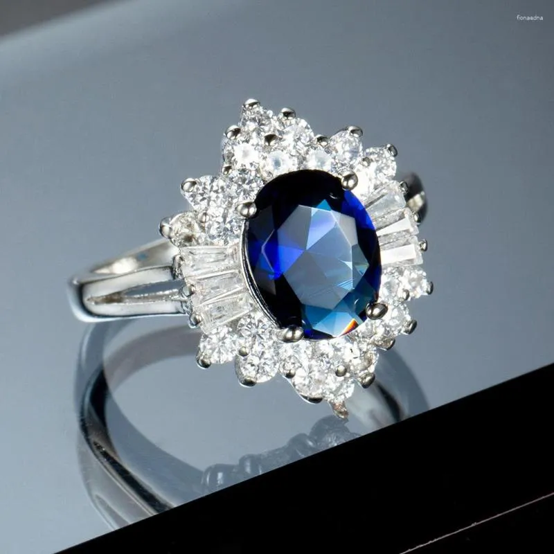 Anéis de casamento Princesa Kate Blue Gem criou jóias de marca de cristal de dedo prateado para mulheres de luxo de luxo bem