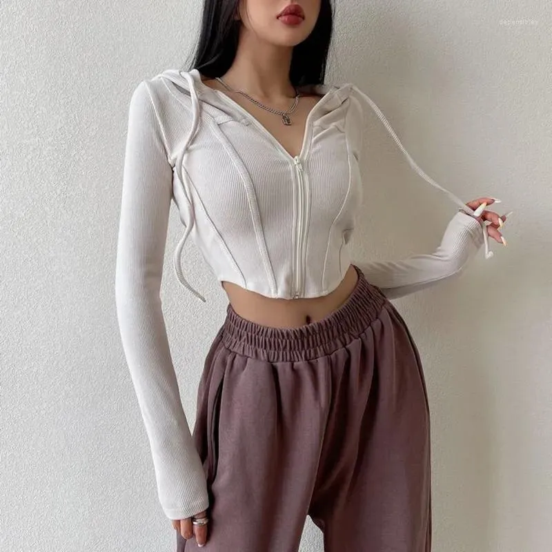 Malhas femininas Cardigã de cor sólida casual Cardigan Women Sexy Mangas longas Slim Fit Crops Tops Woman Europen e America Zipper Up Streetwear