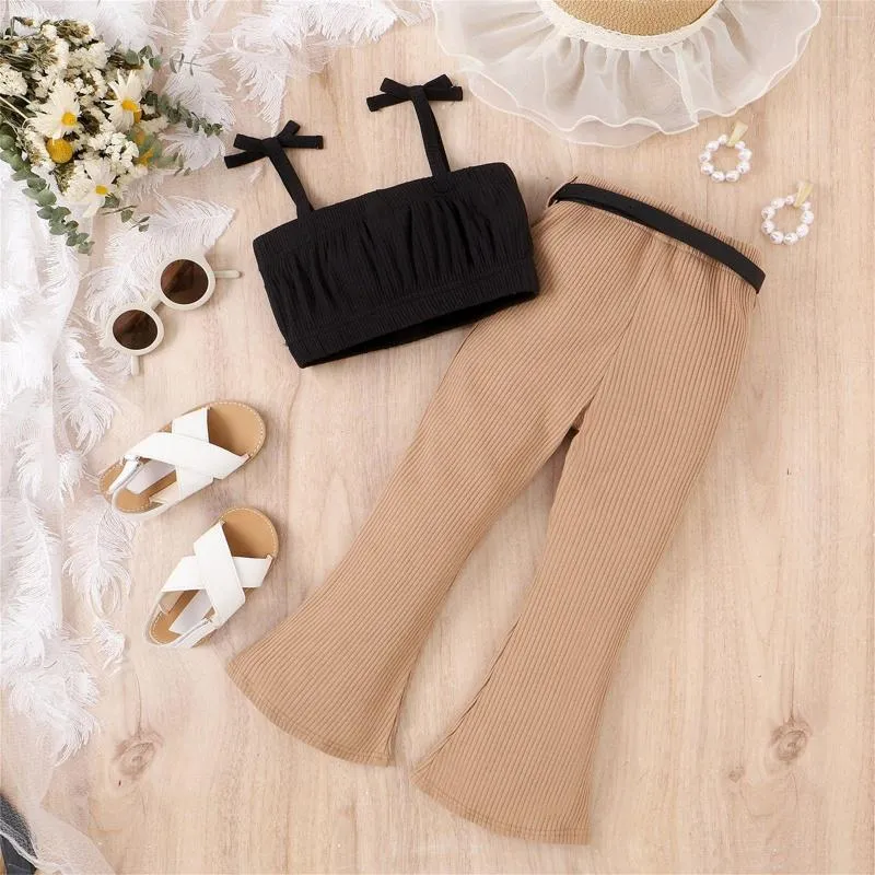 Summer Matching Pants Set For Little Girls: Black Suspenders Top And Brown  Flared Pants Trendy Infant Pant And Teen Girl Clothes From Fourrseasonss,  $13.36