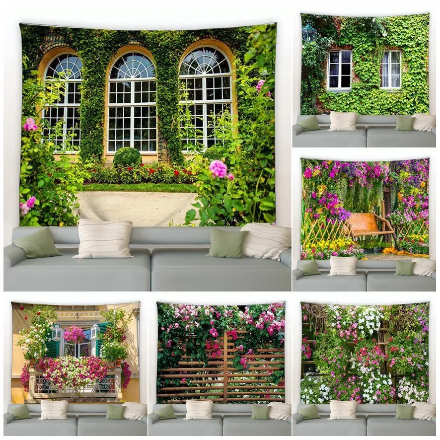 Tapisserier Flower Tapestry Spring Fence Landscape Bakgrund Tygvägg Hängande trädgårdsaffisch Outdoor Home Decor Tapestry Aesthetics 230812