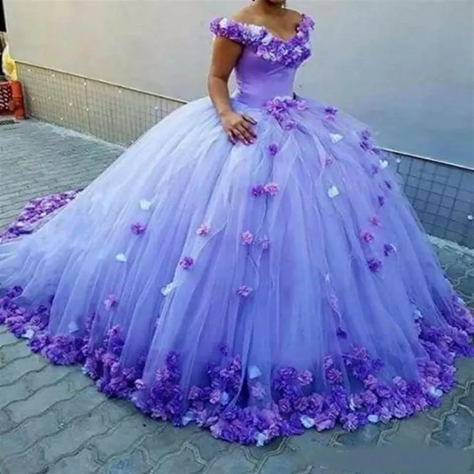 紫色のキンシェネラドレス肩から手作りの花のドレスブライダルドレス長い列車レース