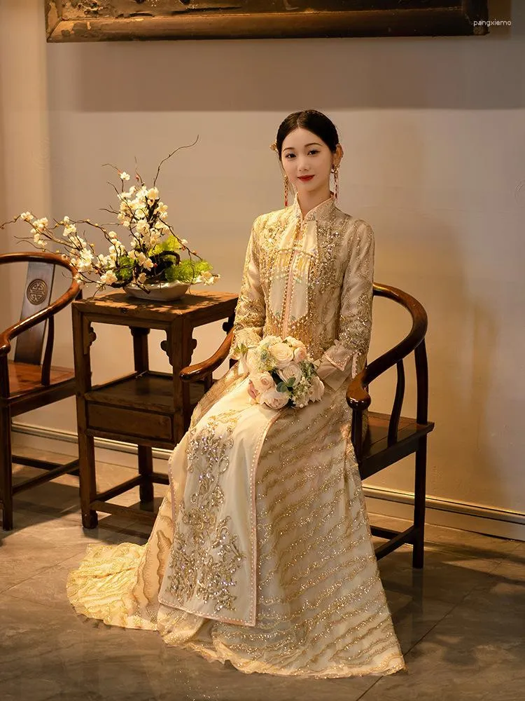 Chinese Cheongsam Wedding Dress Satin Polyester Champagne Traditional Qipao  with Sequins Beading Tassels from Dhgate Ethnic Clothing - price 333.1
