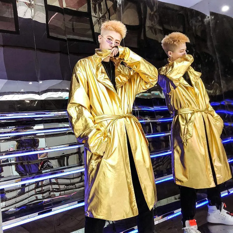 Mens Trench Coats Performance Long Trench Coat Men Shiny Night