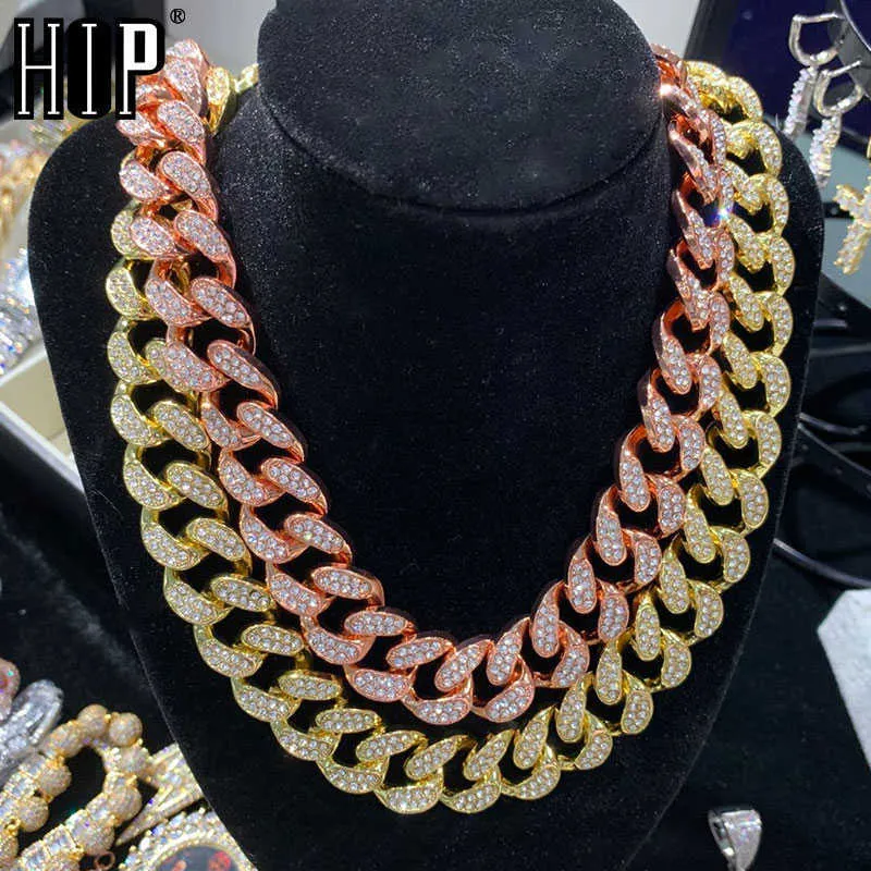 Hiphop 1set 20mm Full Iced Out Paled Rhinestones Miami Curb Cuban Chain Bling Rapper Halsband för män smycken