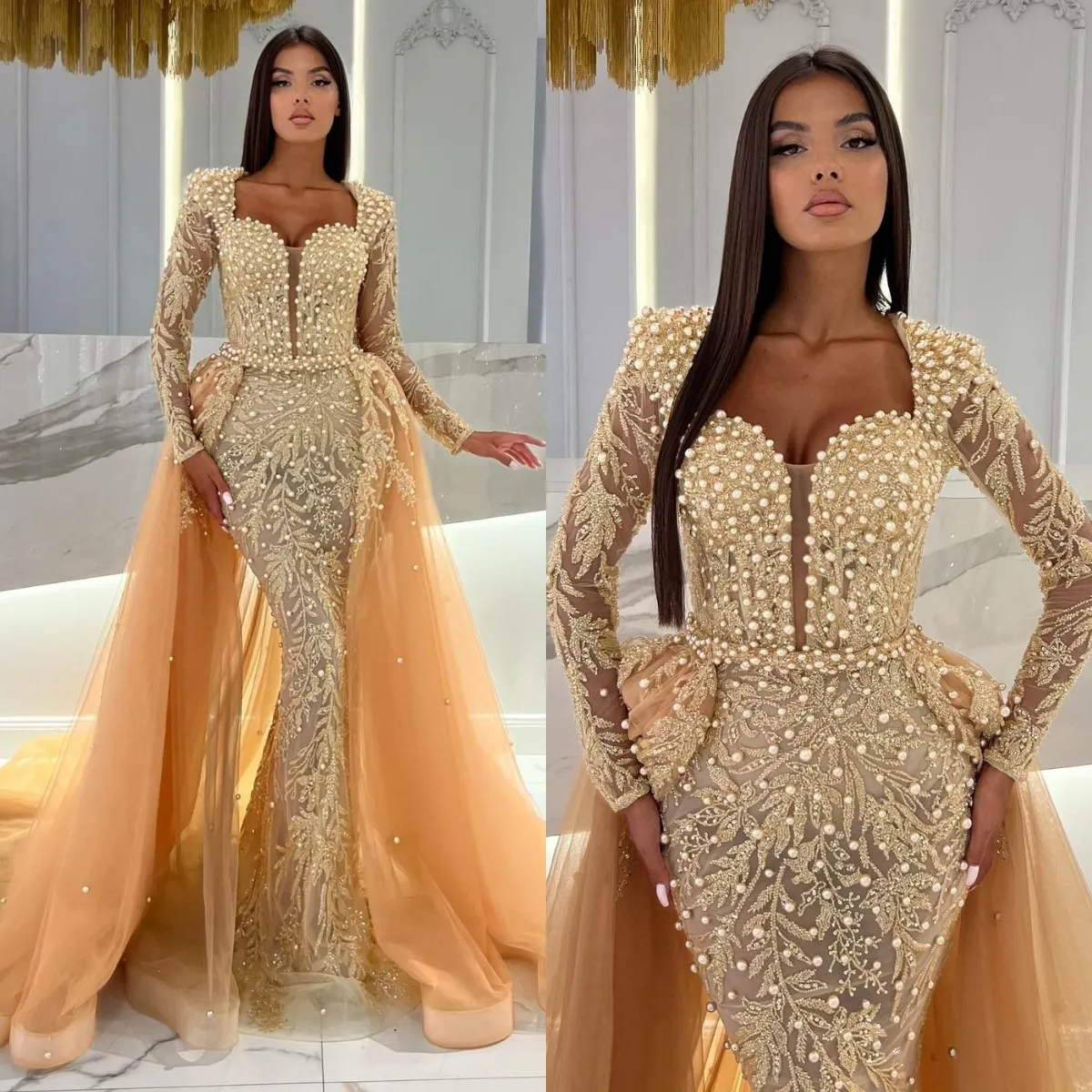 Élégant champagne sirène robes de soirée Overskirt Crystal Pearls Long Manches Party Robe Long Robe pour une occasion spéciale