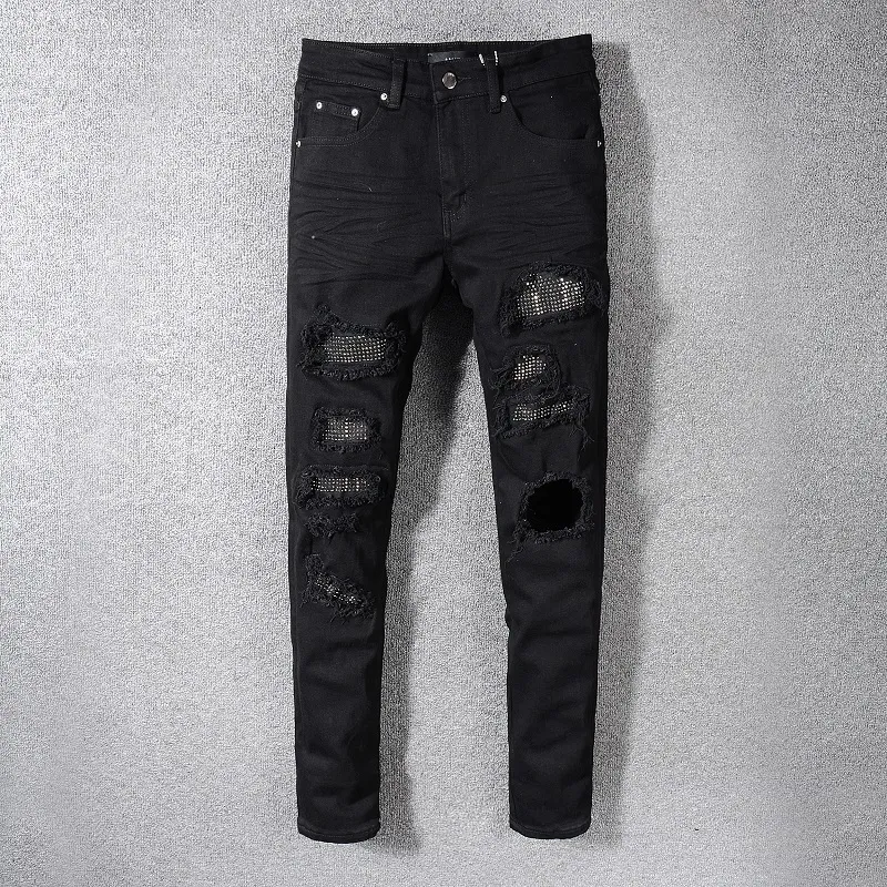 Herrenhosen schwarz verzweifelt Slim Fit Streetwear -Stil Schaden Höcher Dünne Stretch zerstörte Rippen Flecken zerrissene Jeans 230812