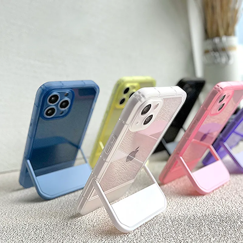 Stand Bracket Transparent Silicone Phone Cases For iPhone 15 14 13 12 Pro Max 11 7 8 Plus X XS XR SE Clear Soft Shockproof Protected Back Cover