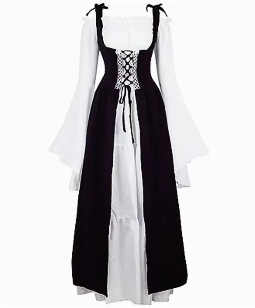 Robe Médiévale De Servante - Costume Cosplay Gothique Femme - Robe Dentelle Noire Avec Manches 2024