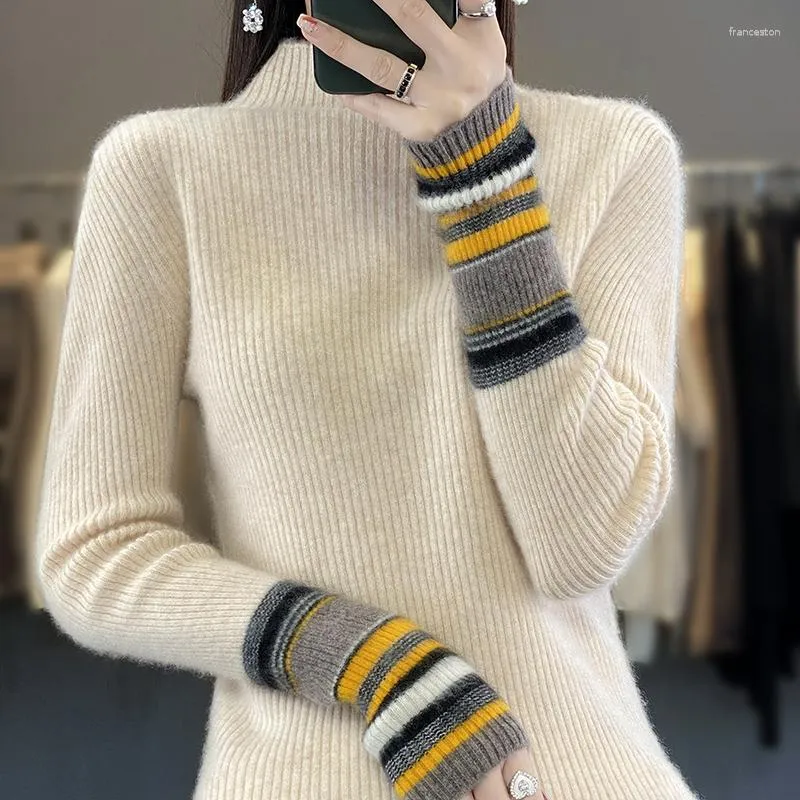 Women's Sweaters BELIARST 2023 Merino Wool Sweater Clothes Half High Collar Striped Cuffs Stripe Ethnic Knit Pullover M-8156
