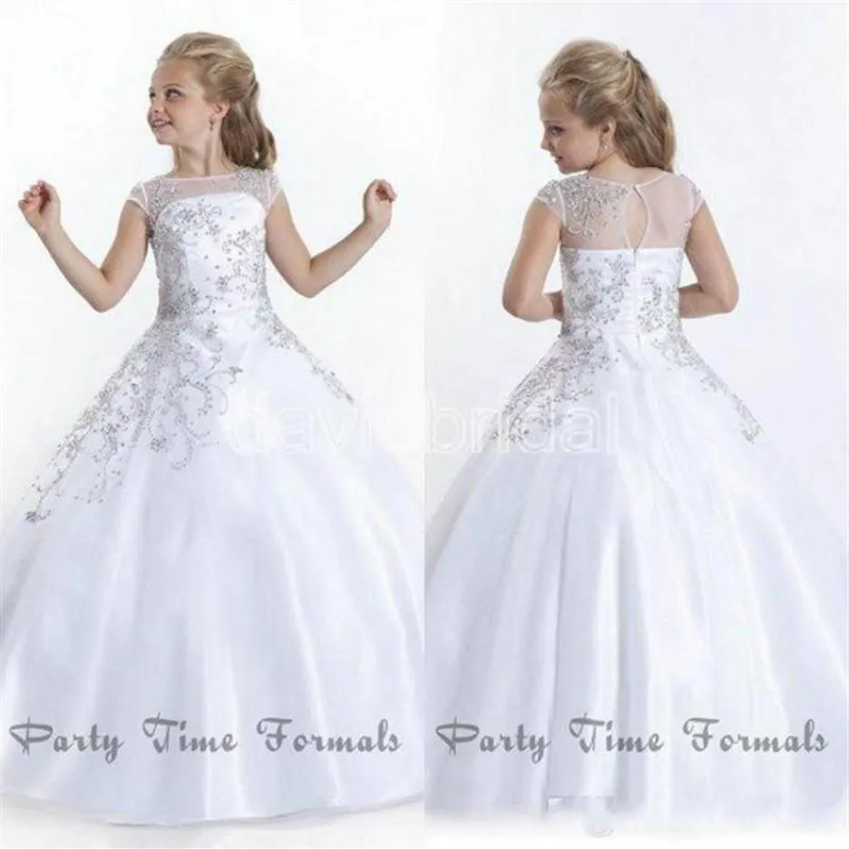 2020 белые дешевые короткие рукава цветочные девушки платья бусинки кристаллы драгоценности шея маленькие девочки.