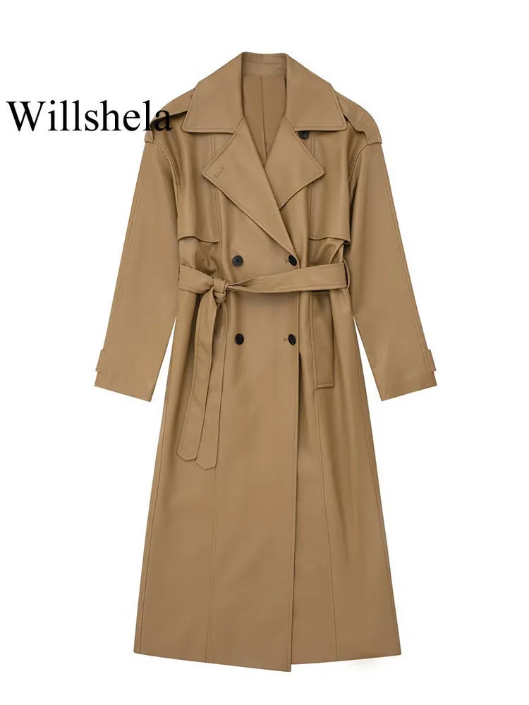 Trench Coats Willshela Women Fashion avec ceinture Brune Brown Double Breasted Long Vintage Not Necy Neck Sleeves Femme Chic Lady 230812