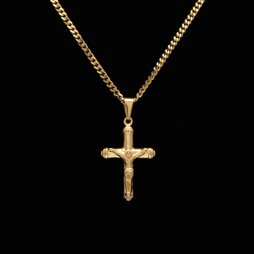 Jesus Cross Necklace Gold Plated Stainless Steel Pendant Fashion Religious Faith Necklaces Mens Hip Hop Jewelry