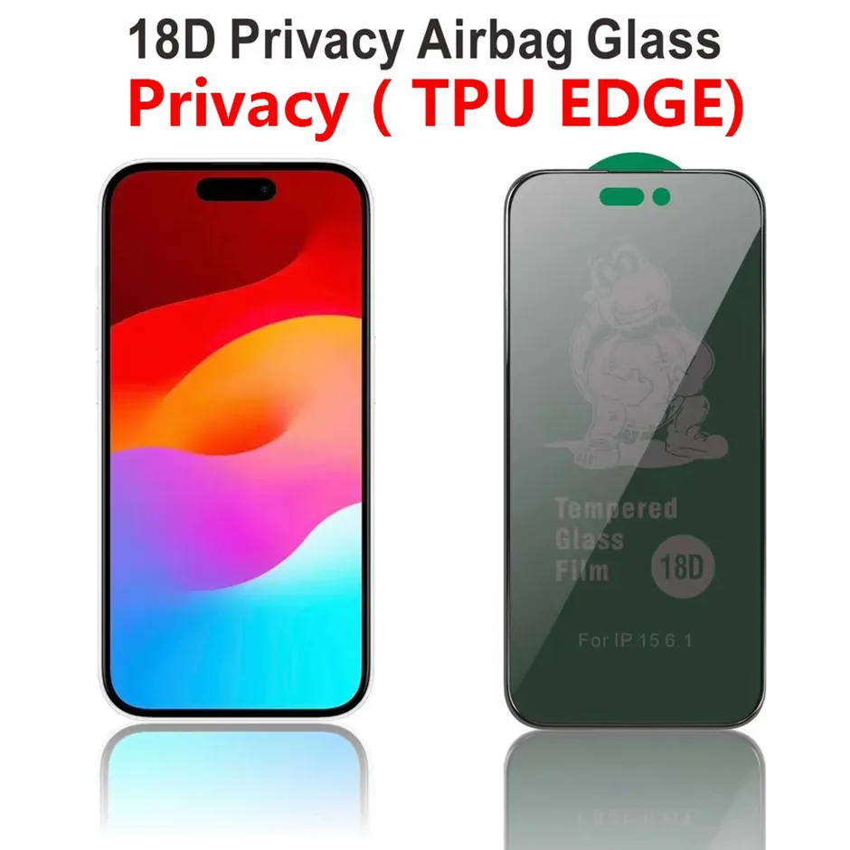 18D Airbag Privacy Full Cover Hempered Glass Phone Screen Protector för iPhone 15 Pro Max 14 13 12 11 XR XS 7 8 Plus TPE Edge Airbag Anti-Spy Glass Protector