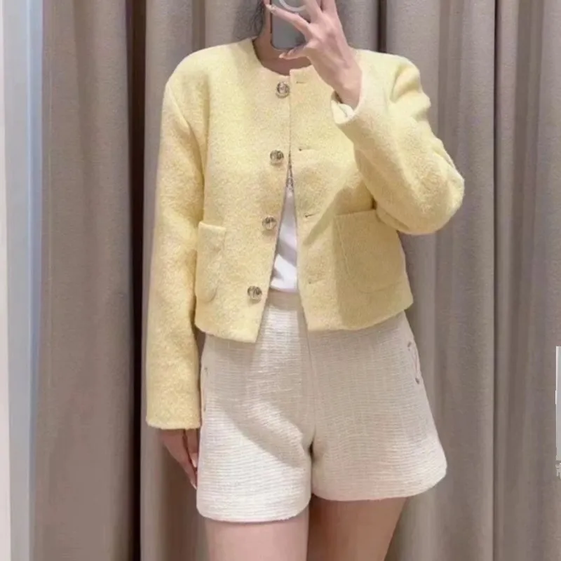 Women's Yellow 100% Cotton Tweed Short Coat Casual Long Sleeve Crew Neck  Jacket 2024